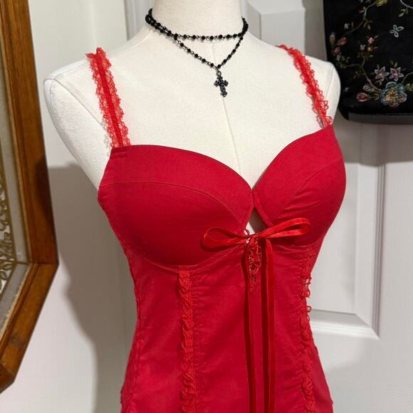 VTG Y2K Clk Clk Clk Red Lace Up Ruffle Lace Smocked Bustier Top w Padding S - Picture 2 of 8